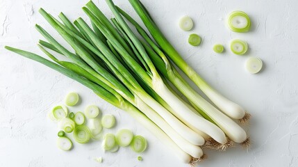 Fresh Green Onions TopDown Perspective A cluster of green onions with roots and sliced rings on a white background A minimalist approach to showcasing fresh produce
