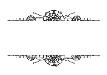 Black frame made of clock-face, openwork gears, cogwheels and chains on a white background with place for text. Vintage horizontal border. Steampunk. Vector design template for poster, banner, signage