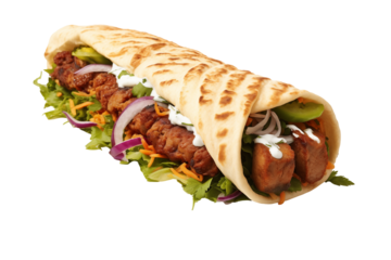 Kebab on transparent background. Kebab related themes. Fast food. Kebab sale. Images for graphic designers. Isolated kebab. PNG cutout. Fast food. For flyers. 