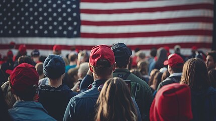 A crowd of people wearing red hats gather in front of an American flag, looking forward.