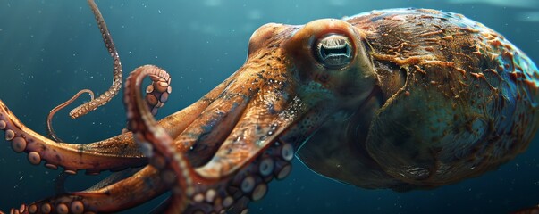 Mysterious giant squid lurking in the depths, 4K hyperrealistic photo