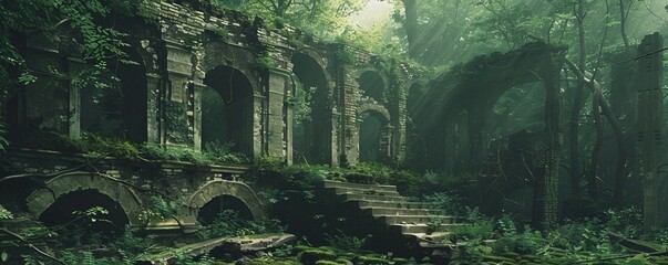 Obraz premium Overgrown forest ruins, 4K hyperrealistic photo