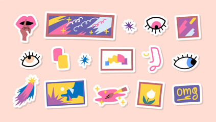 Cartoon Color Art Gallery Museum Exhibition Stickers Set Concept Flat Design Style Include of Paint and Picture. Vector illustration