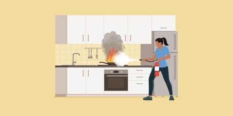 Fire in the kitchen and woman using a fire extinguisher