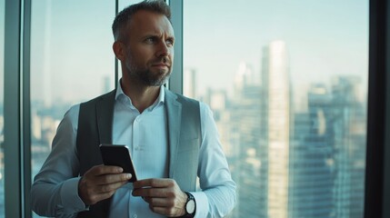 Male professional in a high-rise office, standing by a large window with a city view, holding a smartphone and looking thoughtful, modern corporate environment.