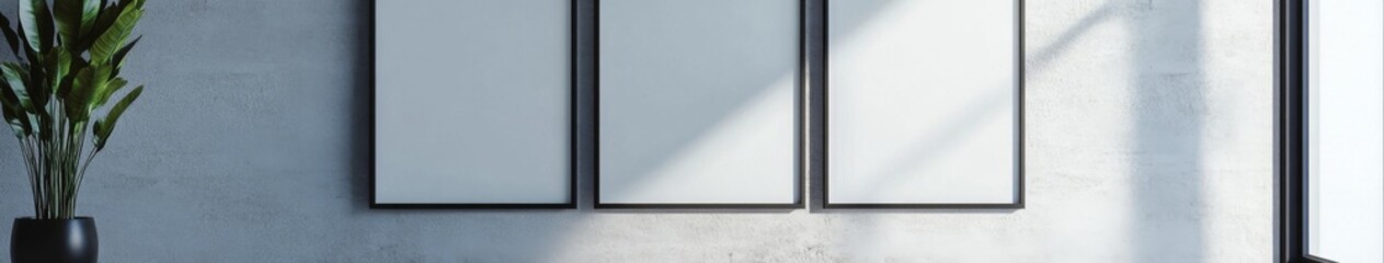 Minimalist Gallery Statement: Three Empty Poster Frames on a Wall, a Study in White and Grey, Embracing the Concept of Modern Design Aesthetics.