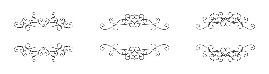 Black openwork frames with thin curls and beads isolated on a white background. Elegant horizontal border. Vector set for holiday greeting card, wedding invitation, decoration, banner, monogram, label © KuraitennoDesign