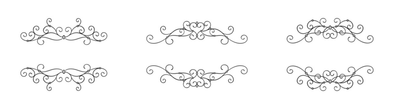 Black openwork frames with thin curls and beads isolated on a white background. Elegant horizontal border. Vector set for holiday greeting card, wedding invitation, decoration, banner, monogram, label