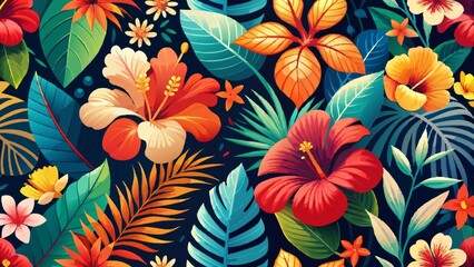 Floral seamless vector pattern with pink hibiscus blossom, perfect for summer wallpaper or nature-inspired design