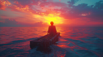 Obraz premium Lone wanderer on a wooden raft sailing into twilight on a vast ocean
