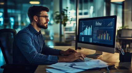 Fototapeta premium Man in a corporate office, seated at a desk, analyzing data on a computer screen, surrounded by paperwork, traditional office setting with a focus on productivity.