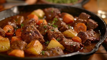 Tender chunks of beef, carrots, and potatoes simmer in a rich sauce, served warm in a cast iron skillet on a wooden table.