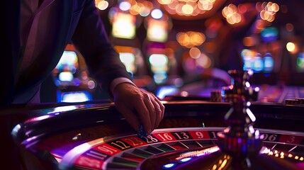 A close-up shot of a hand placing a chip on a roulette table in a casino.