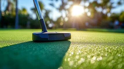 LowAngle CloseUp of a Golf Putter on a Green with a Sunlit Bokeh Background Awaiting the Stroke