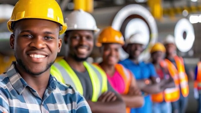 group of diverse black construction workers in safety vests and helmets at industrial site inclusion diversity support smooth pan motion video