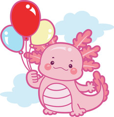 Illustration of cute axolotl activities icon.
Funny pink axolotl in daily routine stickers.
