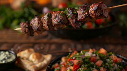 Gourmet lamb kebabs floating with tzatziki, pita, and tabbouleh