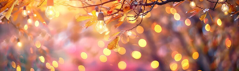 Illuminated garlands, light bulbs, street lights, lantern on autumn nature background. Cozy fall...