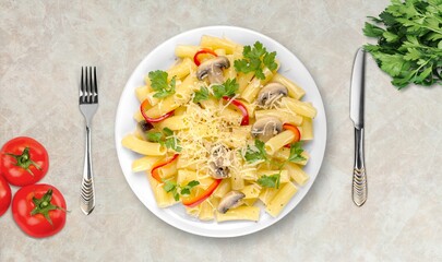 Tasty fresh pasta with sauce and cheese
