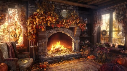 Cozy fireplace decorated in autumn decoration. Ai generation