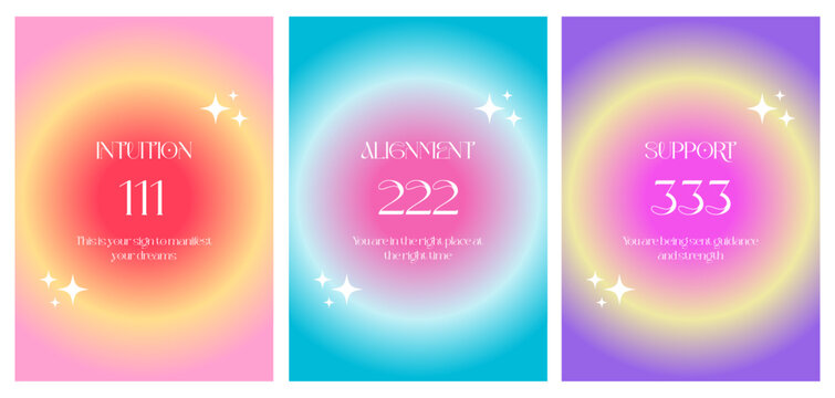 Modern abstract poster with Angel Numbers. Angel No 111 222 333 Intuition, Alignment, Support. Gradient aura, colorful and bright background, printable poster templates. Positive energy art