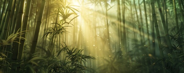 Towering bamboo grove with sunlight filtering through, 4K hyperrealistic photo