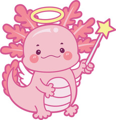 Illustration of cute axolotl activities icon.
Funny pink axolotl in daily routine stickers.