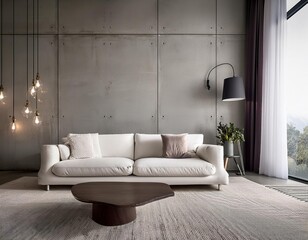 Minimalist Interior Design with Concrete Walls and White Sofa