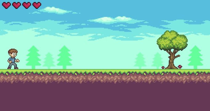Game in pixel art and 8-bit style with character. Animation video of the start menu of a 2D 8-bit game