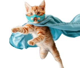 Cute orange tabby kitty with a blue cloak and mask jumping