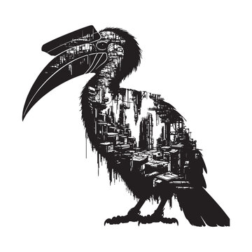 recommend clip art: silhouette of Hornbill filled with destroyed futuristic dystopia environment in rough drawing