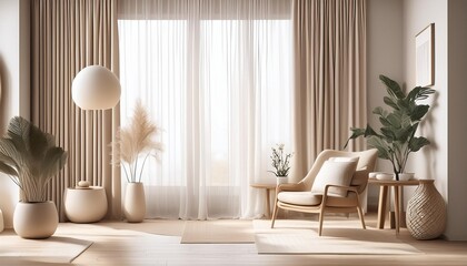 Minimalist Interior Design with White Curtains and Beige Decor