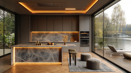  3D rendering of a luxury kitchen with an island and marble countertop in a modern style, with floor-to-ceiling windows overlooking the river view. 
