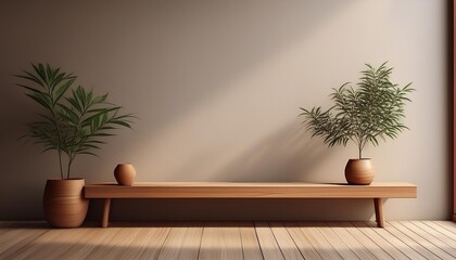 Minimalist Interior Design With Wooden Bench And Plant