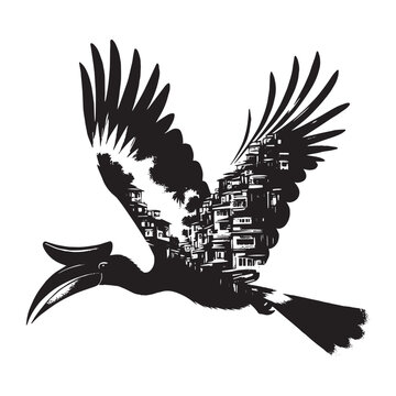 recommend clip art: silhouette of Hornbill filled with ghetto street in rough drawing