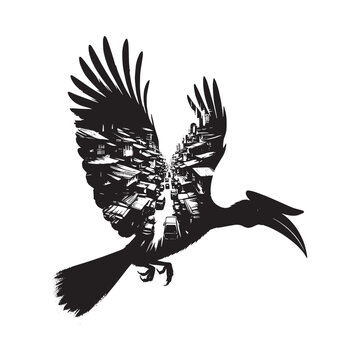 recommend clip art: silhouette of Hornbill filled with ghetto street in rough drawing