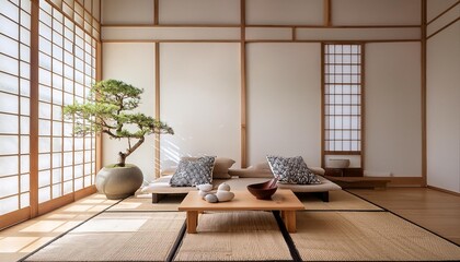 Minimalist Japanese Style Living Room Interior Design With Wooden Floor And Cushions