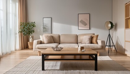 Minimalist Living Room Interior Design with Beige Sofa and Wooden Coffee Table