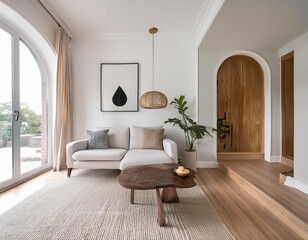 Minimalist Living Room Interior Design with Arched Doorway and White Walls