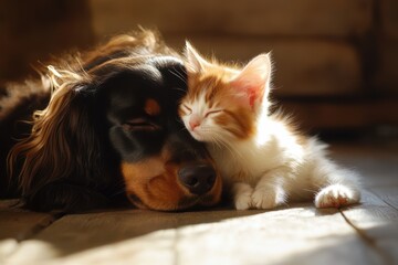 A heartwarming scene of a dog and kitten peacefully sleeping together, their faces gently touching, bathed in soft, warm sunlight, capturing a moment of pure companionship and tranquility.