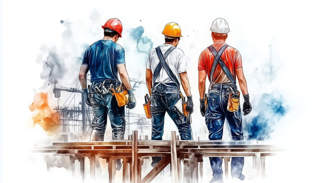 Watercolor portrait of three diverse construction workers, both male and female, wearing safety helmets and standing side by side in a frontal view. The illustration is designed in a vector style agai