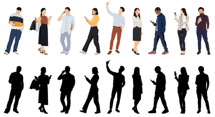 silhouettes of people working group of standing using phone, business people vector eps