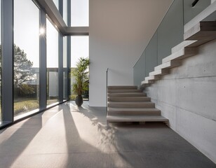 Minimalist Modern Interior Design with Concrete Stairs and Natural Light