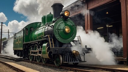 Fototapeta premium vintage green train in smoke