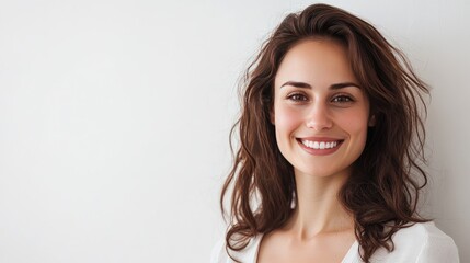 Fototapeta premium A young girl with long brown hair smiling warmly against a light background