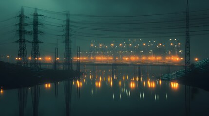 Fototapeta premium A city skyline with a bridge and lights reflecting on the water