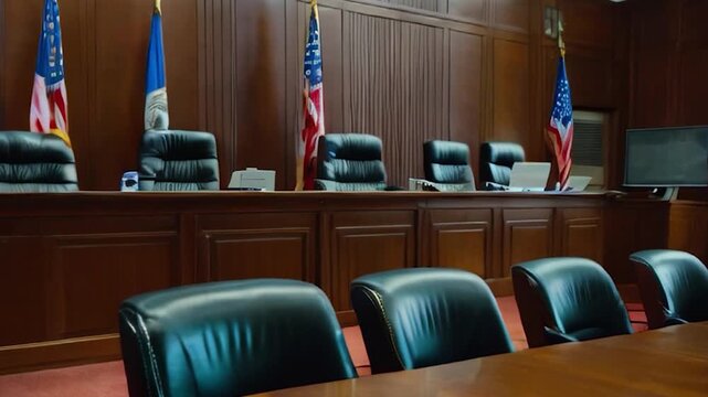 Empty Courtroom with Judges' Bench and American Flags