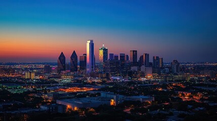 Fototapeta premium A vibrant city skyline at dusk, showcasing illuminated buildings against a colorful sky.