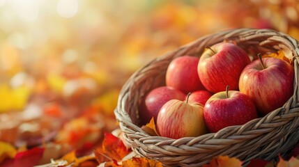 Autumn, autumn apples in basket on background with copy space. The generation of AI