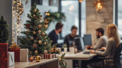 Office workers at desks with festive Christmas tree in background, holiday season in modern workplace with employees continuing productivity amid decorations